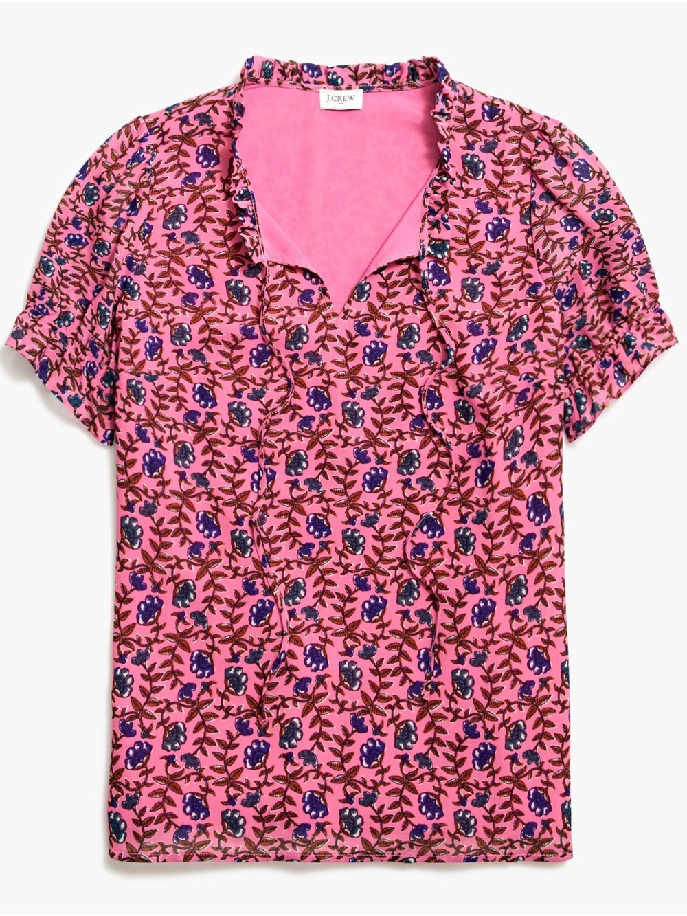 J. Crew Short Sleeve Ruffle Tie Neck Pink/Blue Floral Print Top